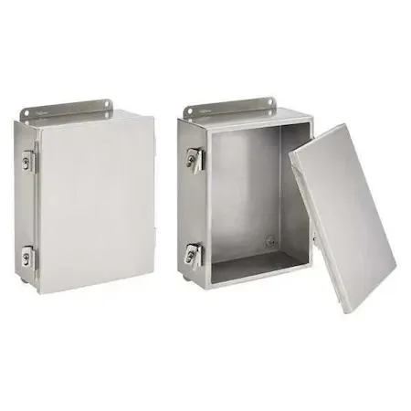 Brushed stainless steel wall-mount enclosure 10 in high 4 in deep with lift-off cover and screw-down clamps