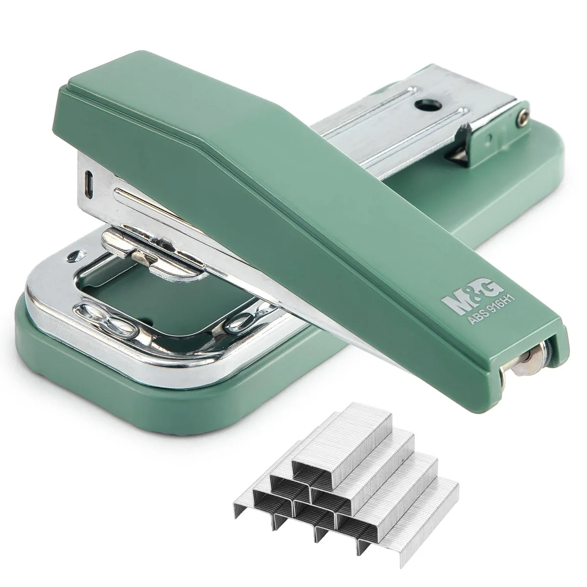 Green metal desktop stapler with rotating head and non-slip base