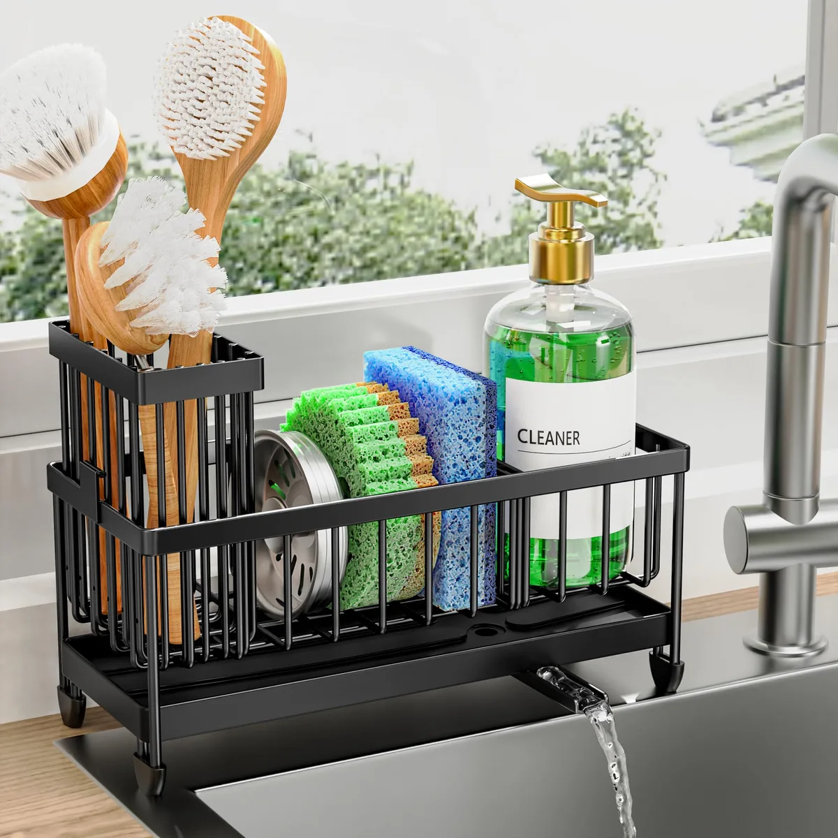Black 304 stainless steel sink caddy, 9.25 by 3.97 by 6.37 inches, rotatable spout, brush holder, three compartments