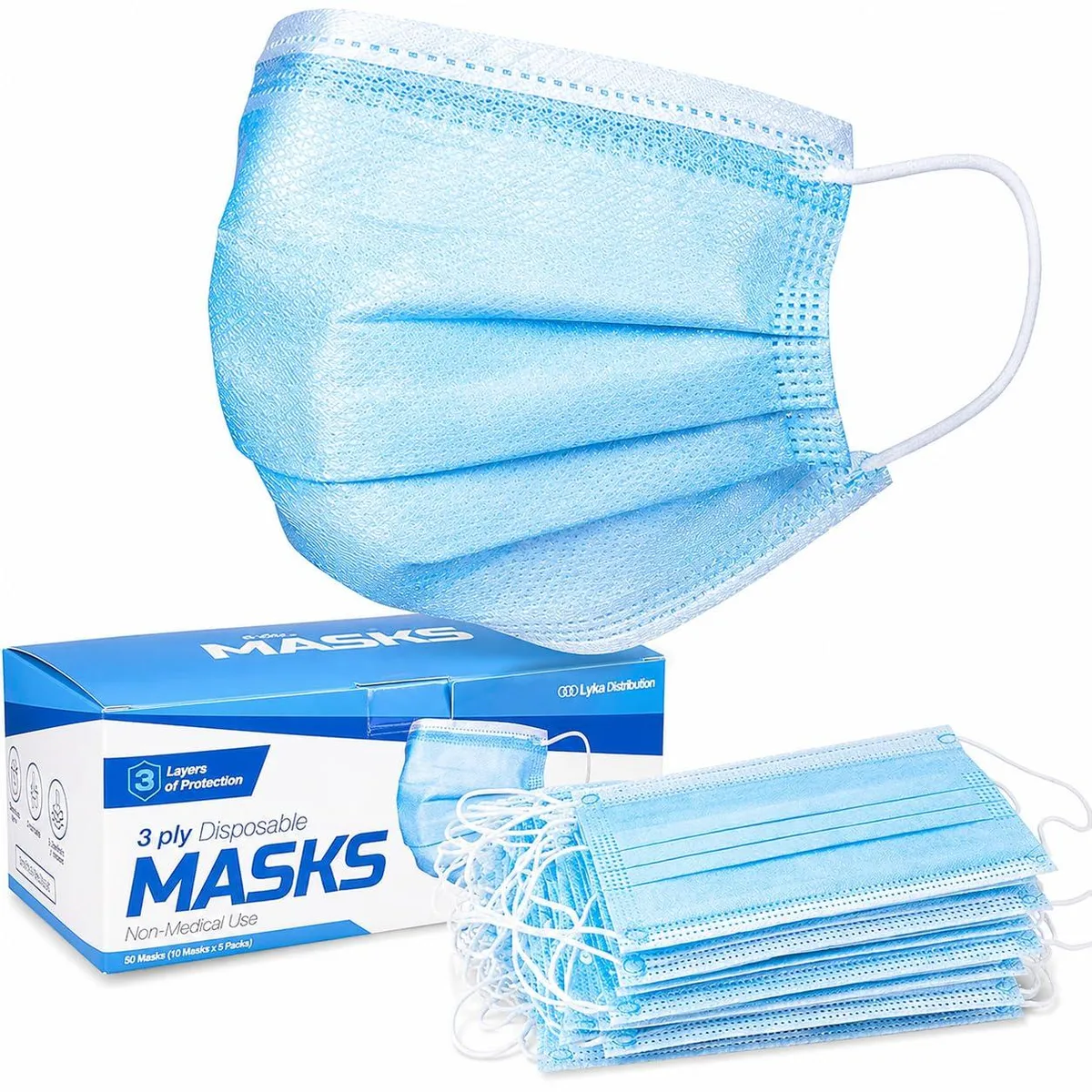  Lyka Distribution PFE99 Disposable Face Masks 3 Ply ASTM F2100-23 Level 3 Blue 50 Pack — product photo