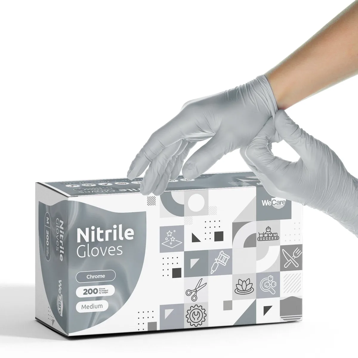 Box of 200 chrome nitrile gloves, textured fingertips, powder-free