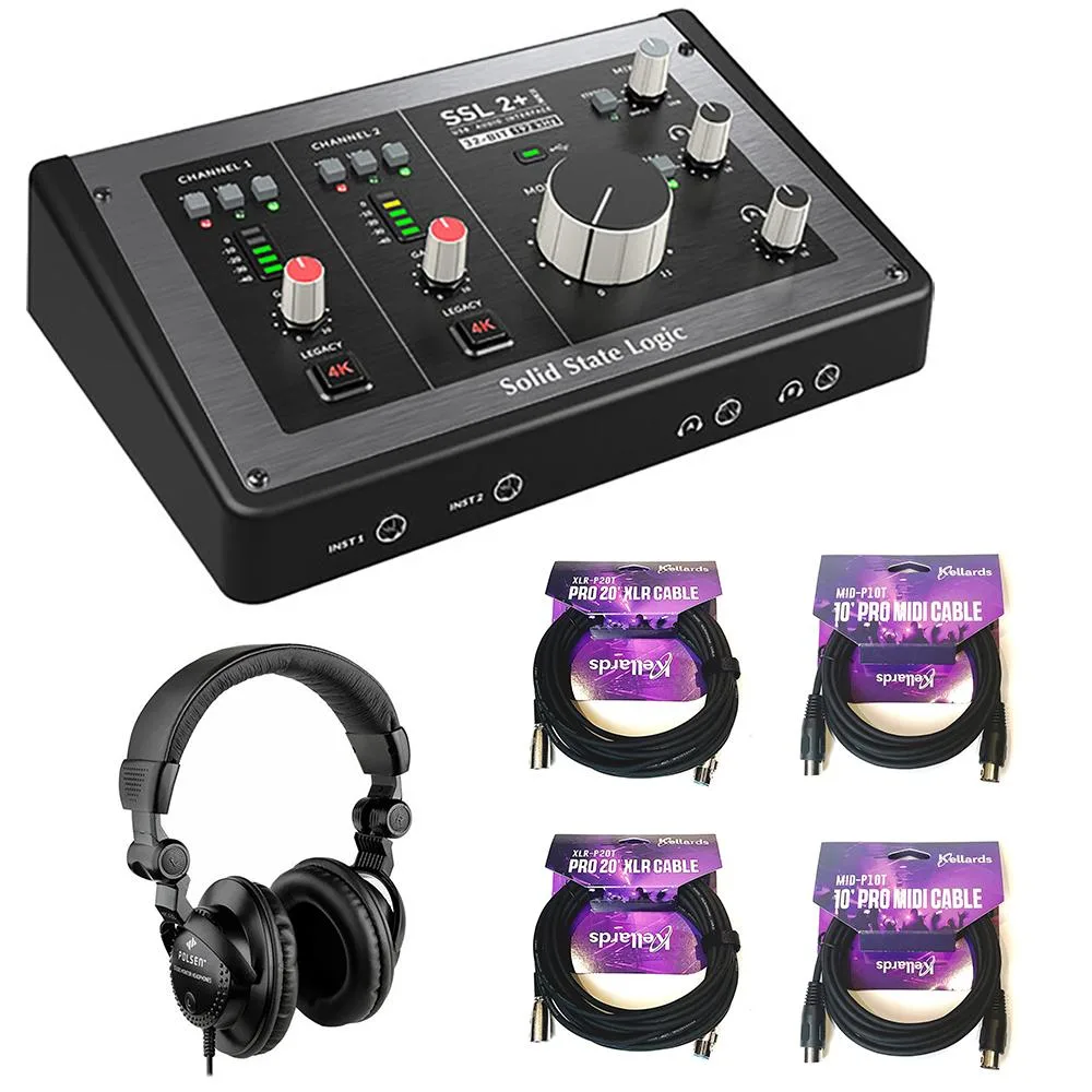 Solid State Logic Solid State Logic SSL 2+ MKII audio mixer bundle with headphones and cables — product photo