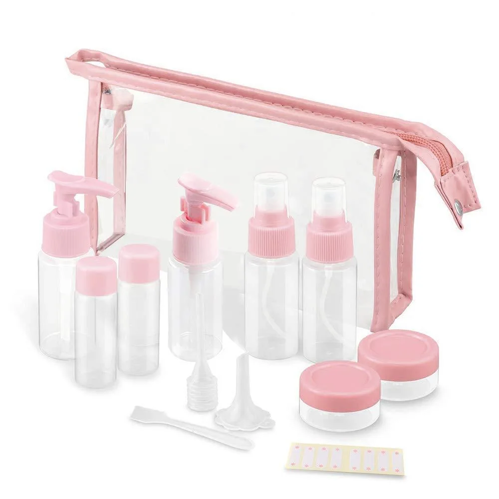 Pink travel bottle kit of 11 pieces in a clear zippered bag with labelled bottles jars and tools