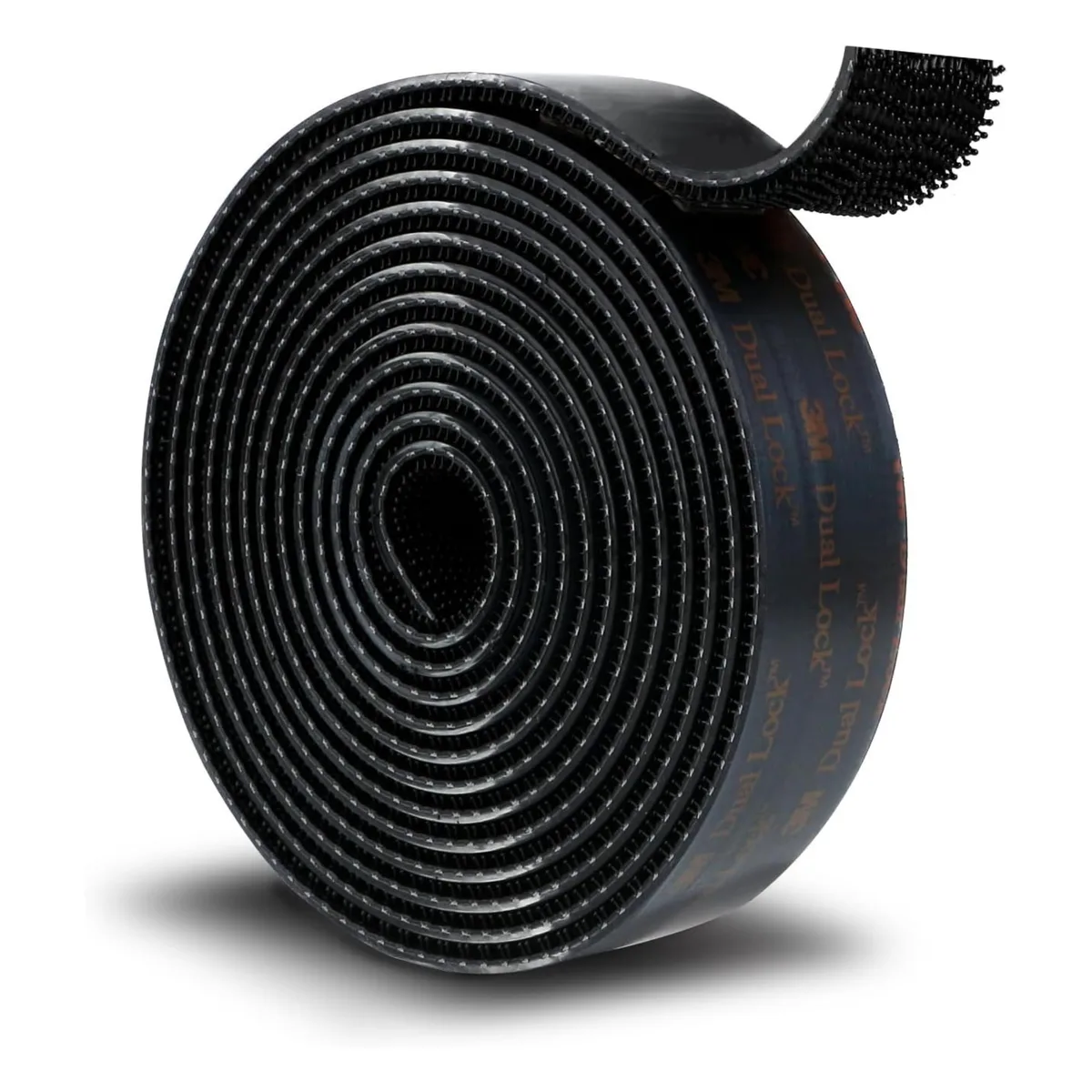 Black reclosable fastener roll, 1 inch wide, mushroom-shaped stems on polypropylene carrier