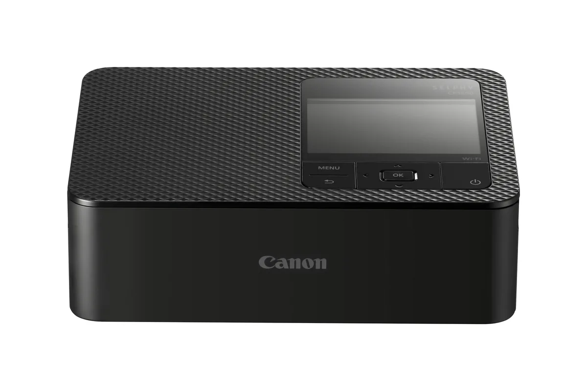 Compact black wireless photo printer with output tray