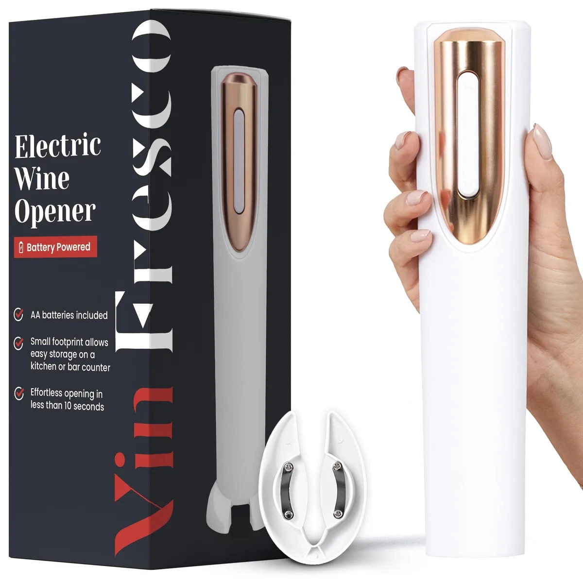 White electric wine opener with rose-gold accents, charging stand and foil cutter