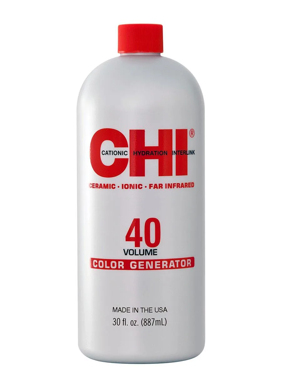 White 30oz bottle with CHI Color Generator 40 Volume Developer label