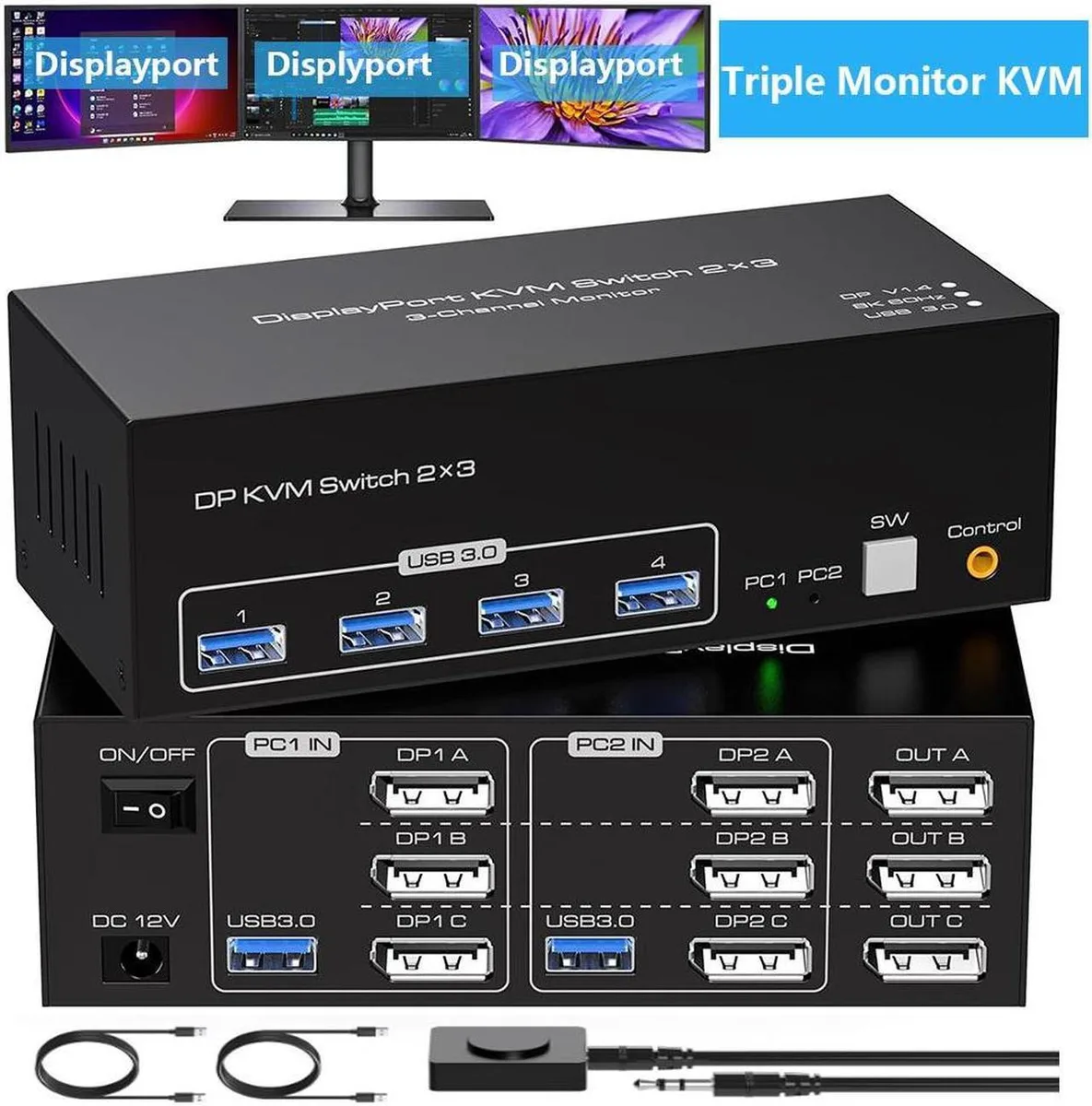 Vszerda Vszerda KVM Switch 3 Monitors 2 Computers 8K@60Hz 4K@120Hz DP 1.4 4 USB 3.0 — product photo