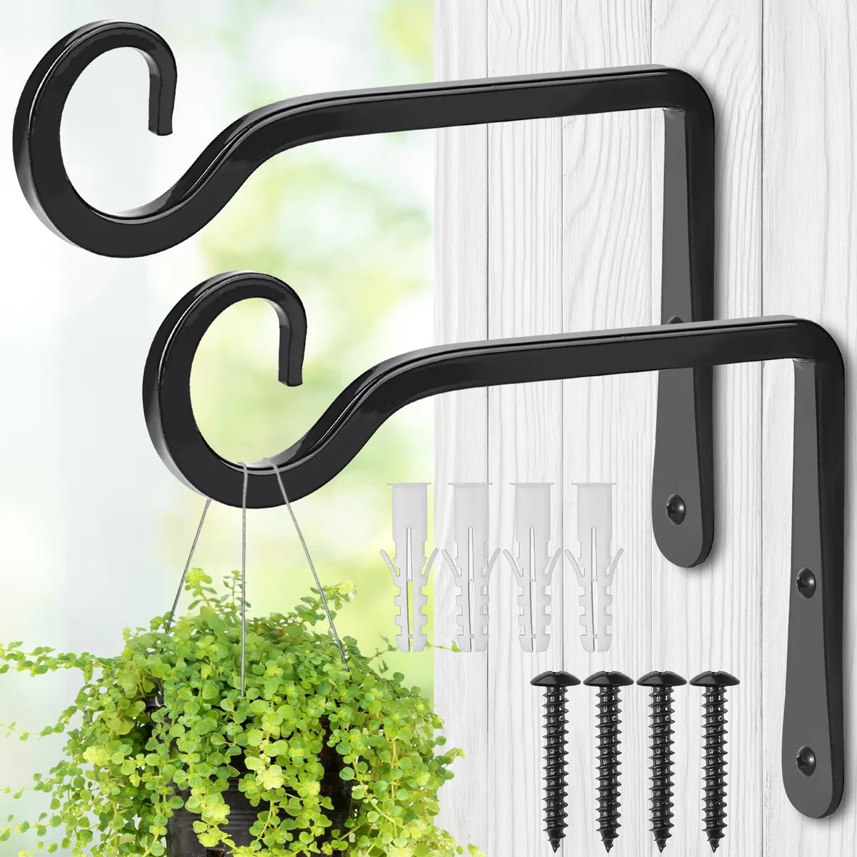 Two black iron S‑shaped wall brackets, 15 cm long, 10 cm high, 0.8 cm thick, sold as a pair