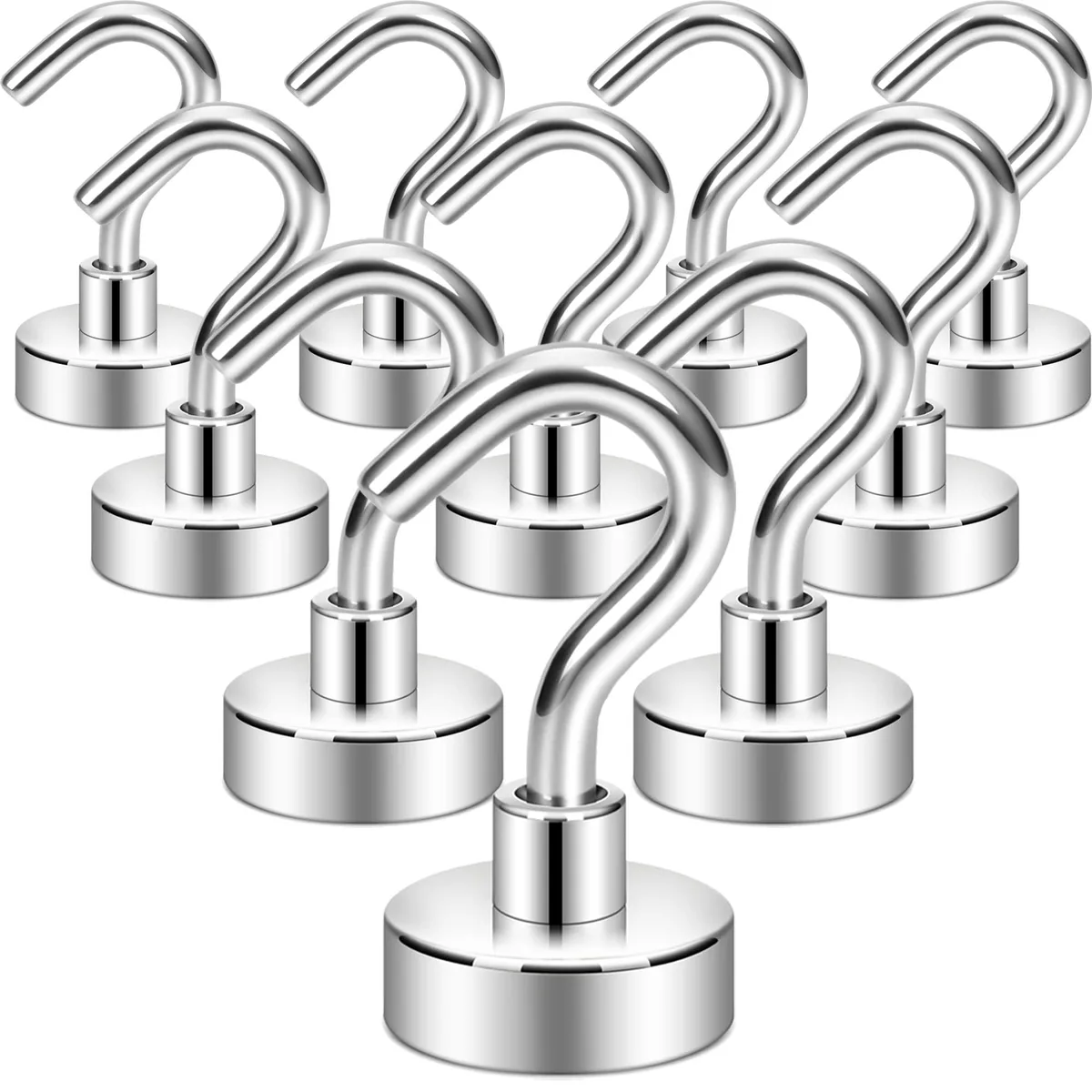 Ten silver magnetic hooks with mirror finish, compact round bases