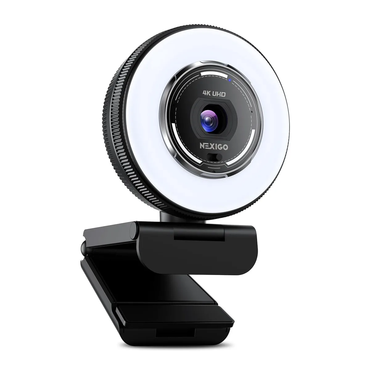Black cylindrical webcam with integrated ring light and privacy shutter