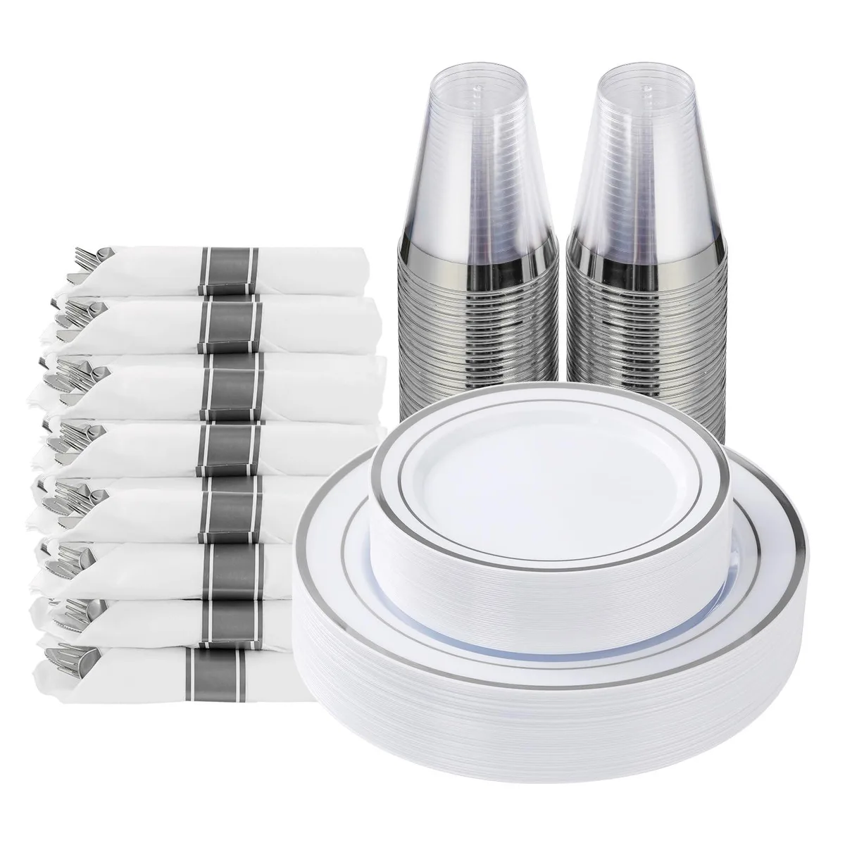 Silver plastic dinnerware set with plates, cups, napkins and cutlery for 25 guests