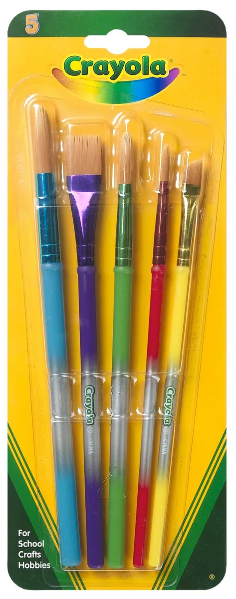 Five assorted colour paint brushes in a row