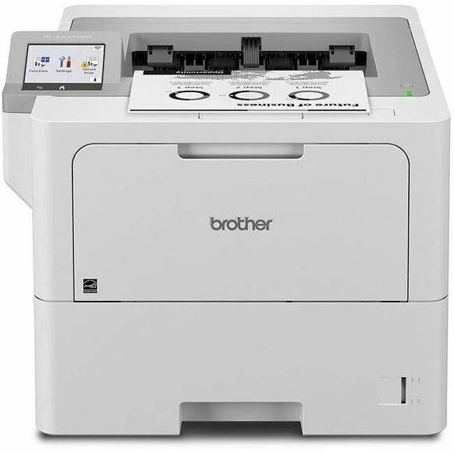Compact white desktop laser printer with front paper tray and control panel