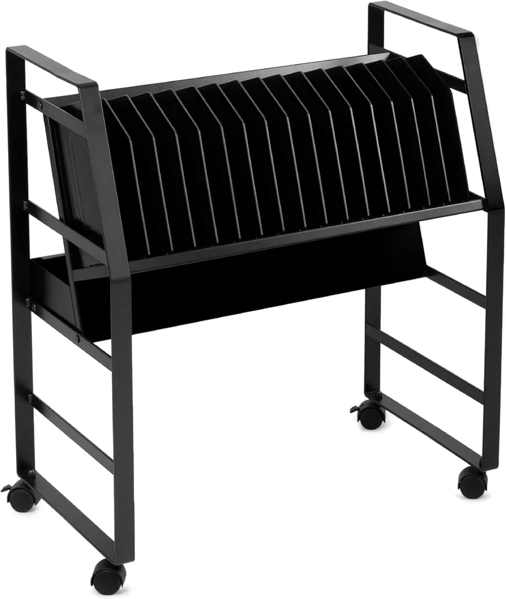 Black steel rolling cart with 16 padded device slots, open dividers, locking casters and push handle