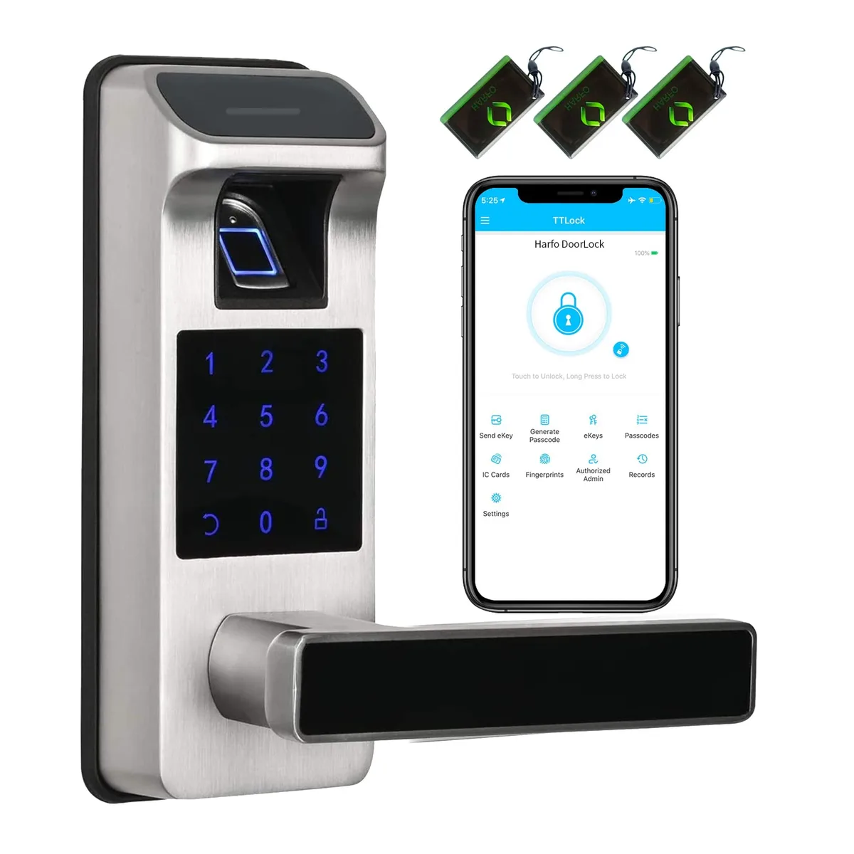 Satin nickel smart door lock with fingerprint keypad and reversible handle