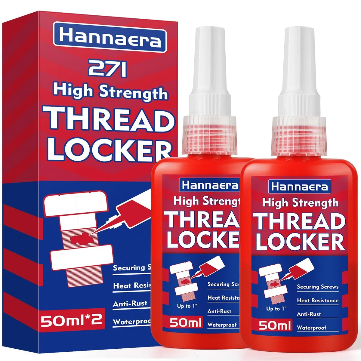 Two red 50 ml bottles of high-strength threadlocker 271