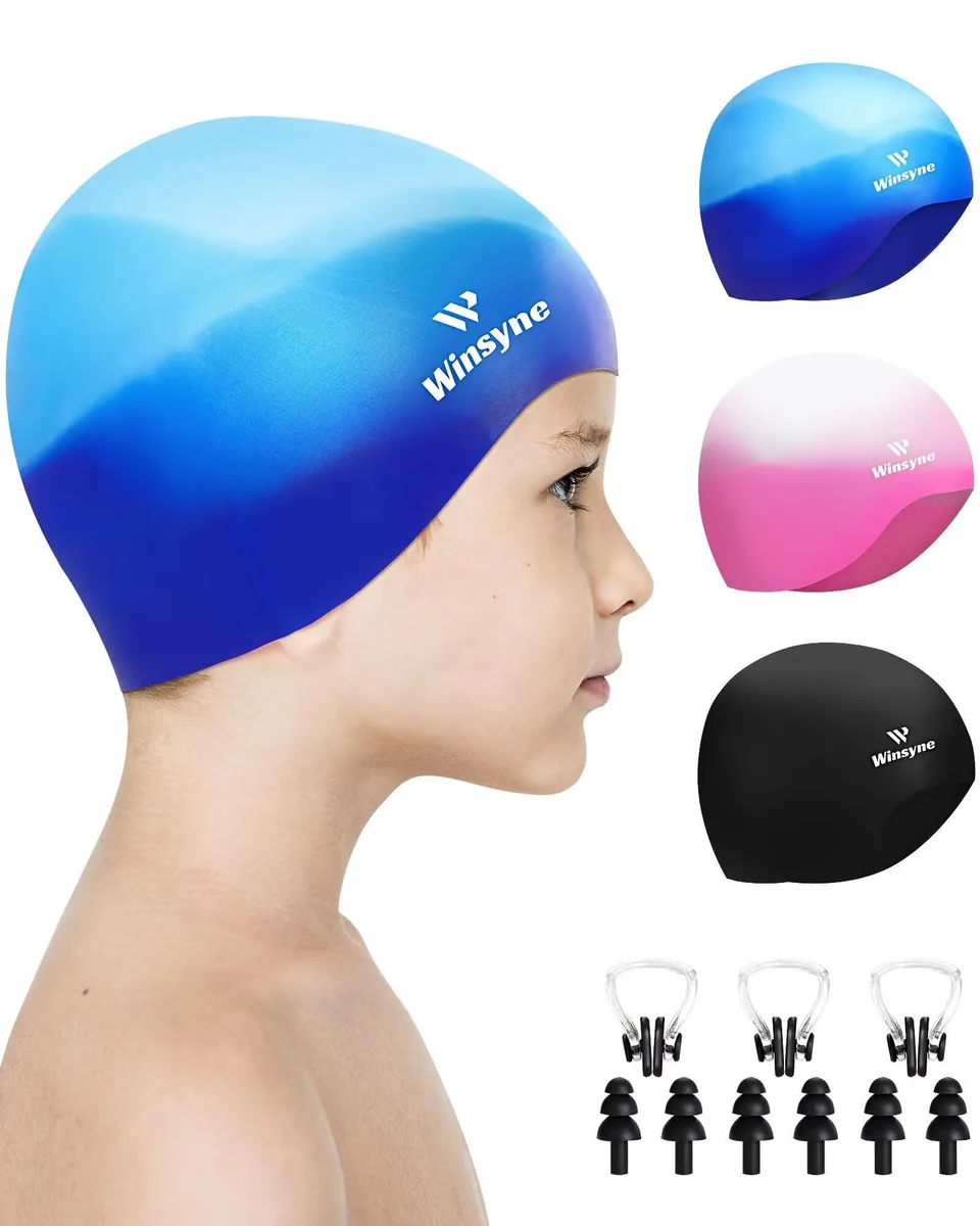 Winsyne 3 Pack Kids Silicone Swim Caps Colour-01 Age 3-8 — product photo