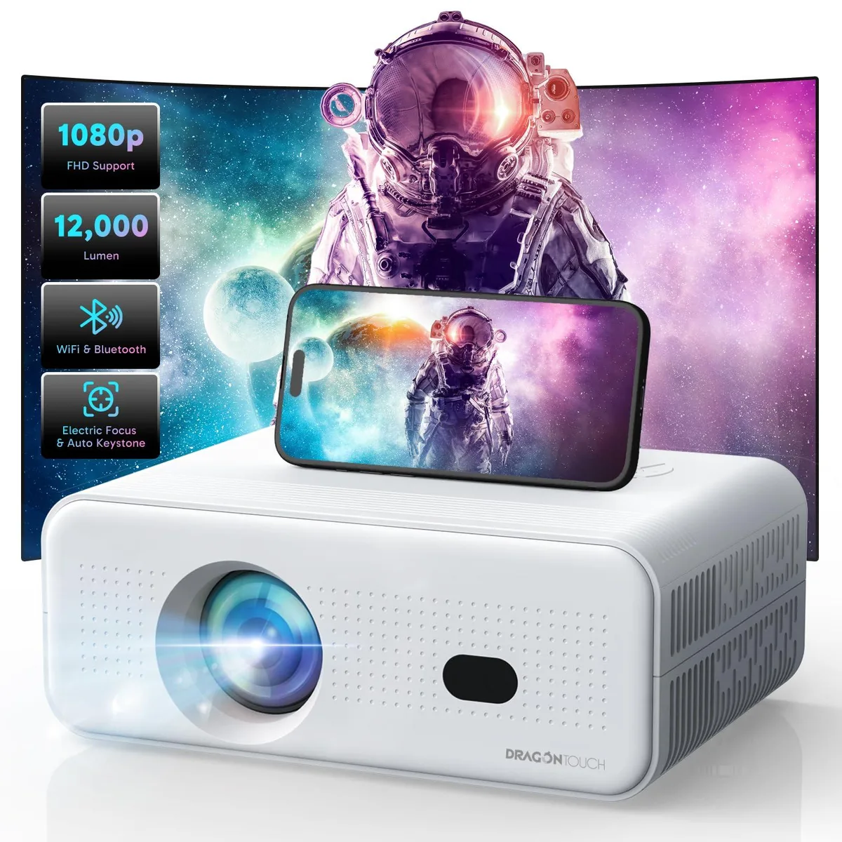  Dragon Touch L012 mini projector white 12000 lumen 1080p electric focus — product photo