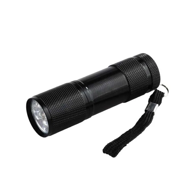 Five aluminium mini UV torches with nine 395 nm LEDs each