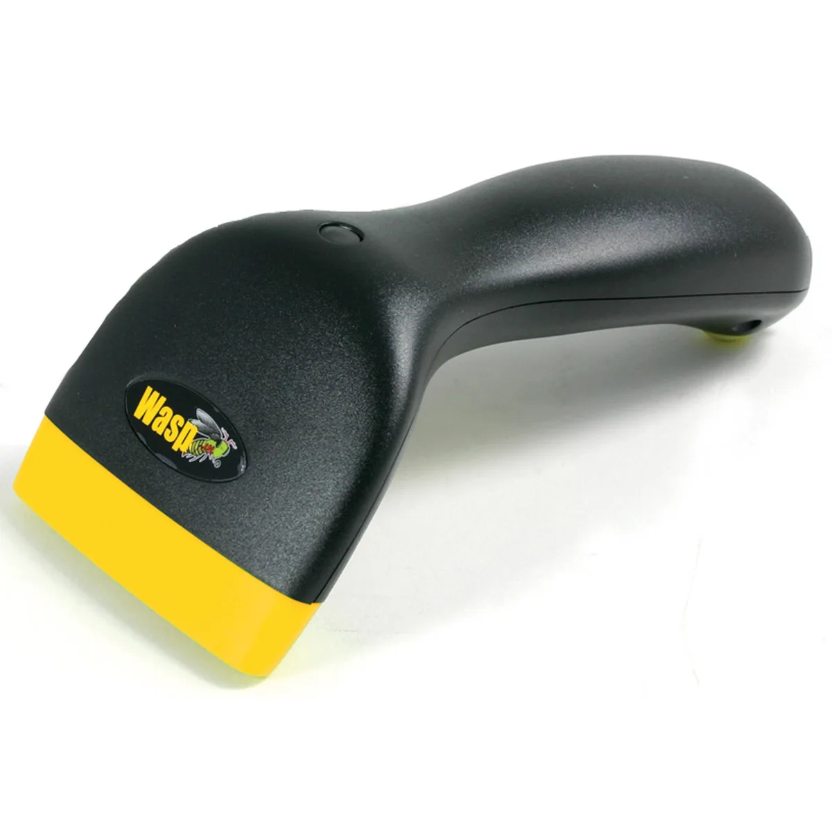 Yellow and black handheld barcode scanner with coiled PS/2 cable
