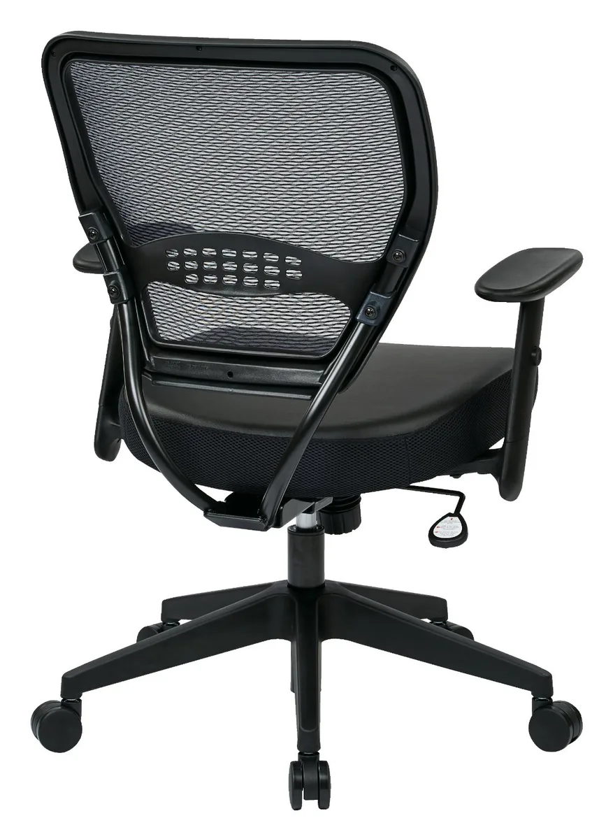 Black office chair with dark air grid back and leather seat