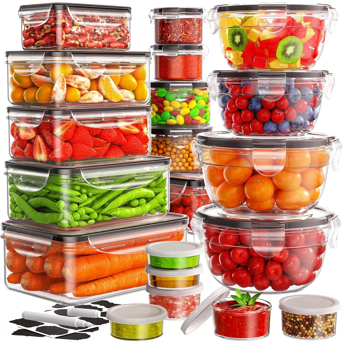 Clear plastic food containers and lids stacked together, 40 pieces total