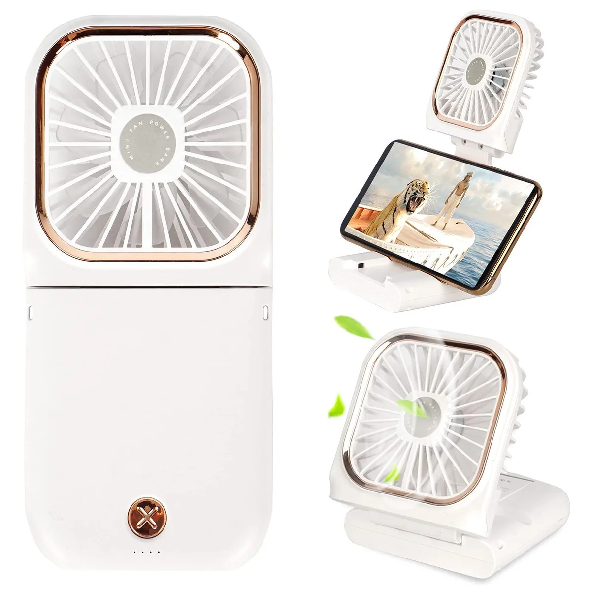 White foldable handheld fan with silver blades, neck lanyard and phone holder stand