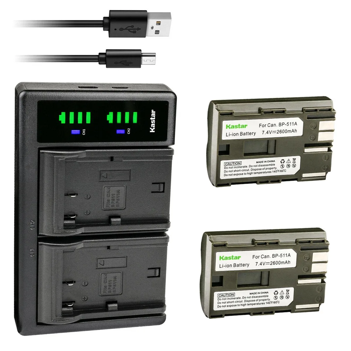 Kastar Kastar BP-511/BP-511A 2-pack battery &amp; LTD2 USB charger — product photo