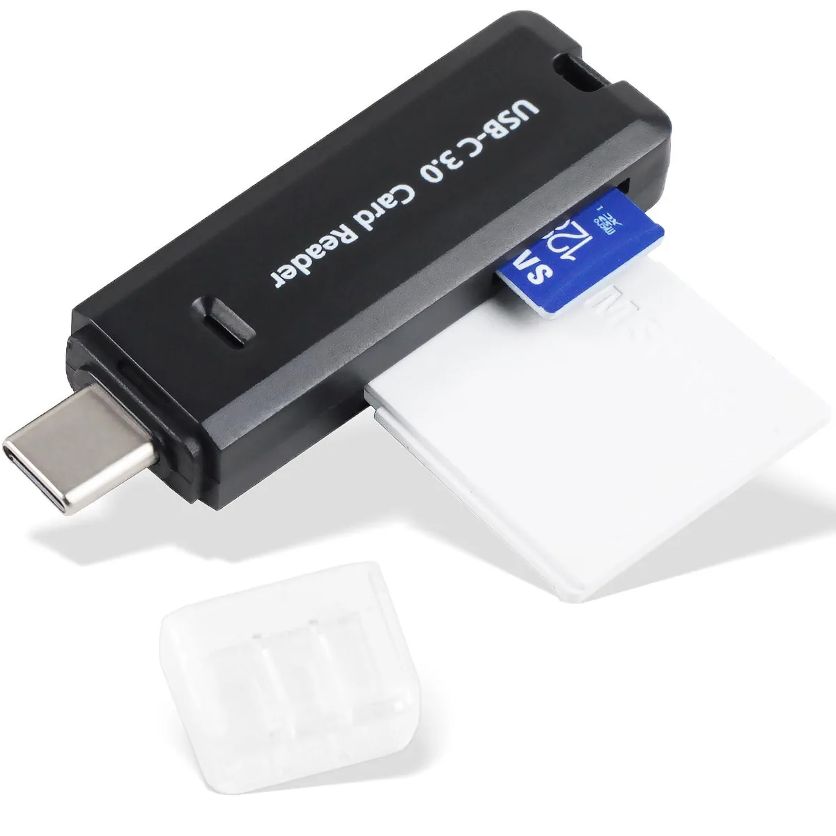 Small black USB-C card reader with two slots for SD and microSD cards