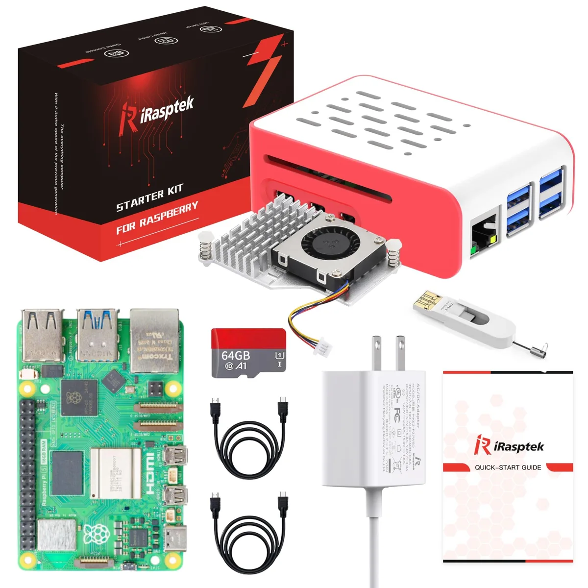 ARENTI ARENTI Raspberry Pi 5 Starter Kit 4GB RAM 64GB Bookworm Red White Case 2 in 1 accessory — product photo