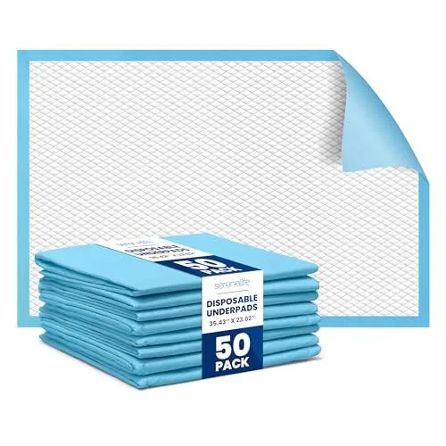White disposable underpads in a 50-count pack, rectangular with blue water-resistant backing