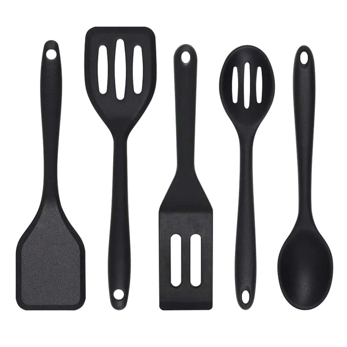 Five black silicone mini spatulas and spoons with hanging holes