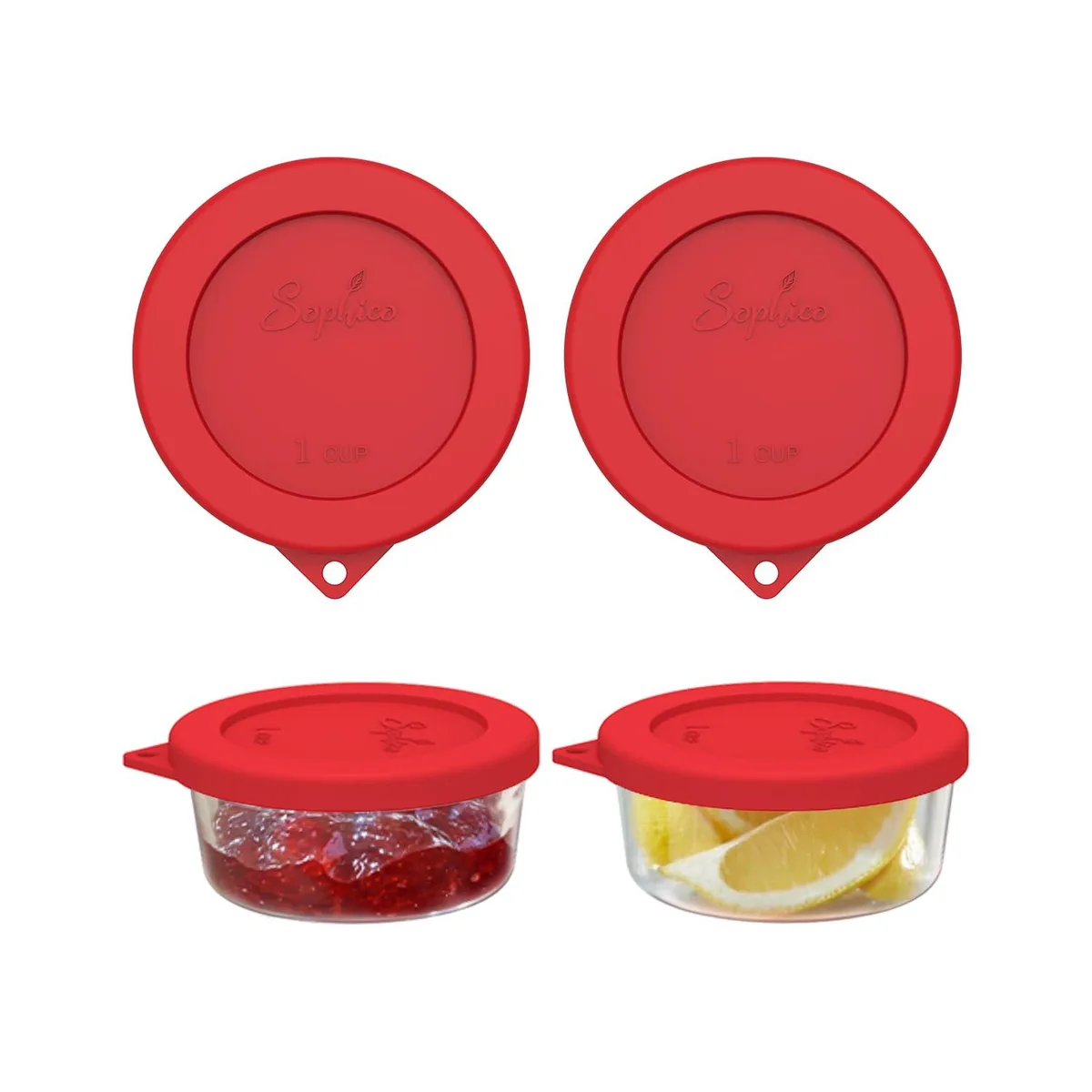 Two round red silicone lids with hanging holes, 10 cm diameter