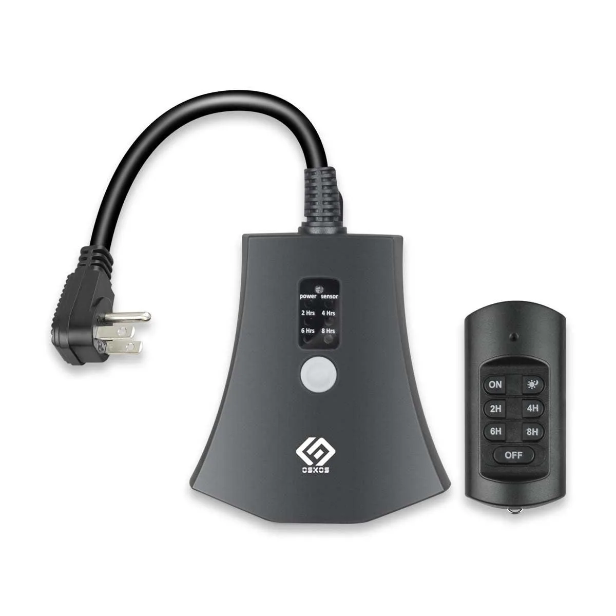 White plastic outdoor receiver with three grounded outlets and small handheld remote control