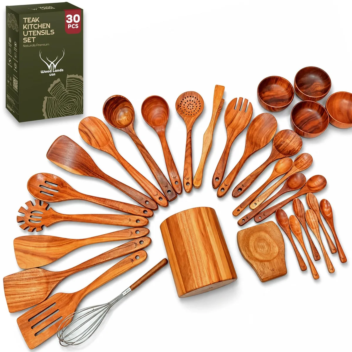 30-piece teak wooden utensil set with black handles in rectangular box