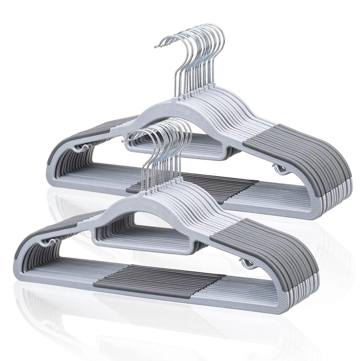 Pack of 30 slim grey plastic coat hangers with silver swivel hooks