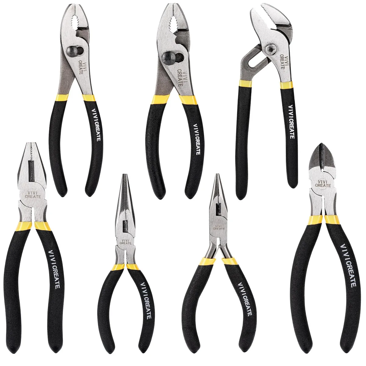 Black seven-piece pliers set with dipped handles, assorted jaw types in a compact box