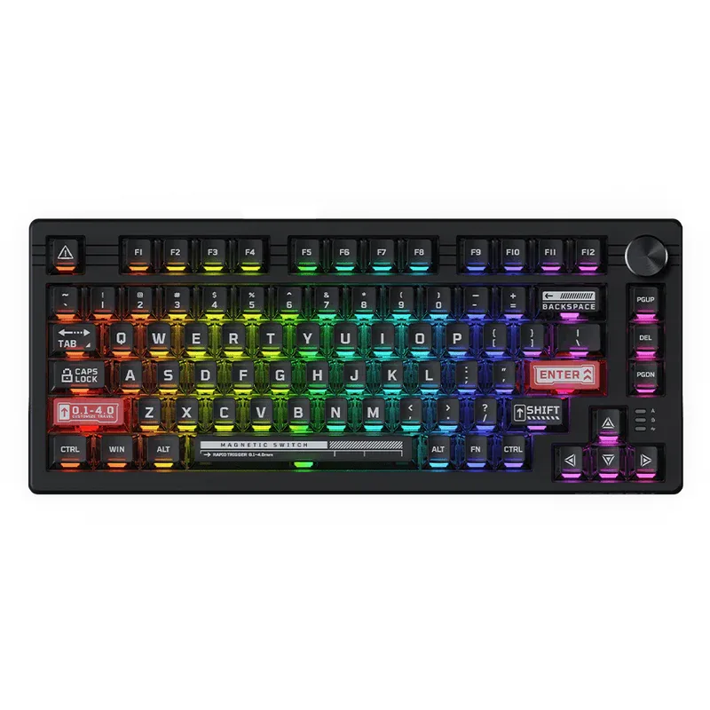 Compact 75% wired keyboard with translucent keycaps, side RGB lighting, and a metal control knob