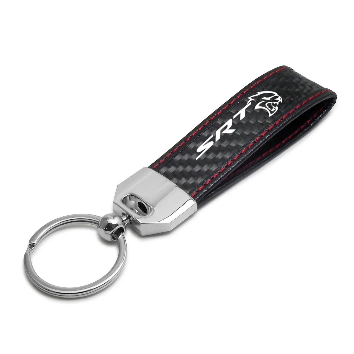 Black carbon-fiber loop strap key chain with red stitching, chrome metal block top and key ring