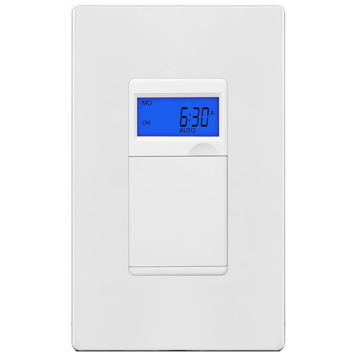 White rectangular timer switch with blue backlit display and wire leads, 1.7 by 1.47 by 2.75 inches