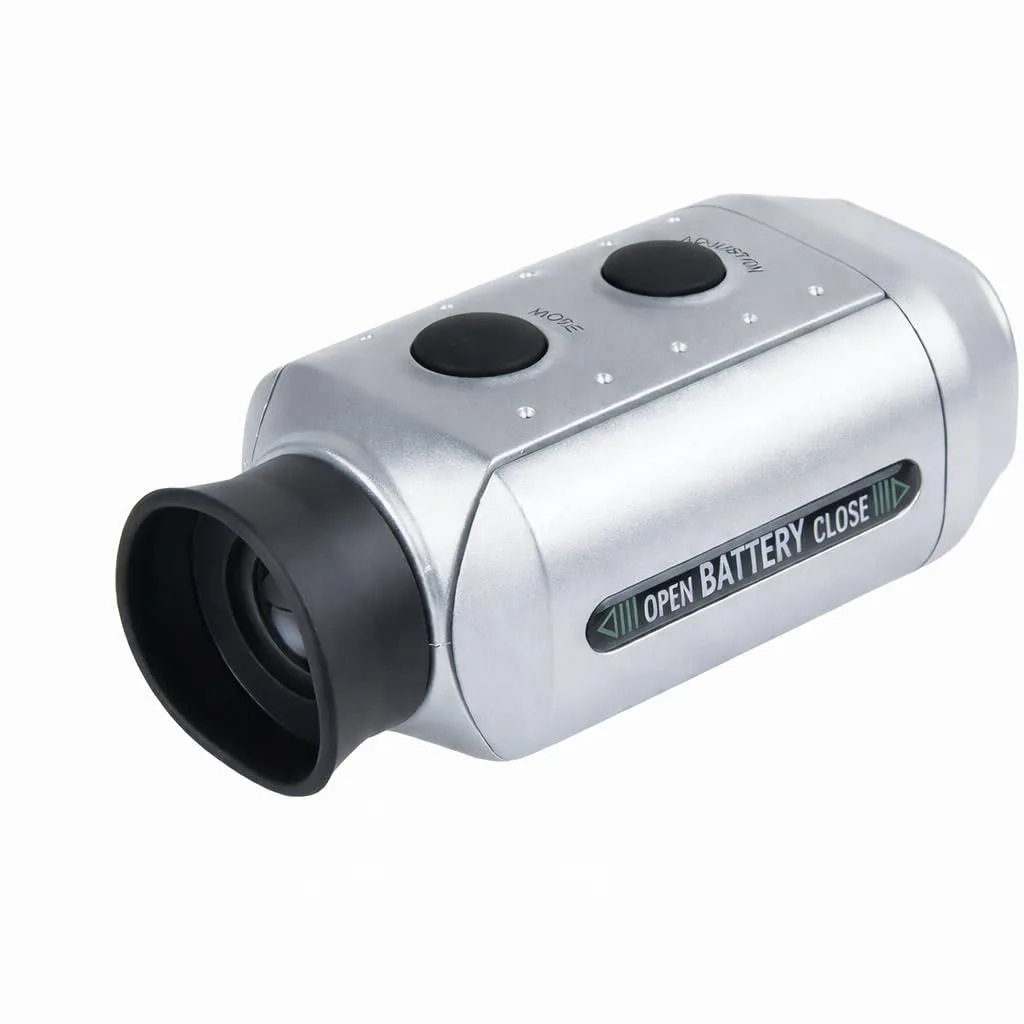 Green golf rangefinder with gold accents and carry case