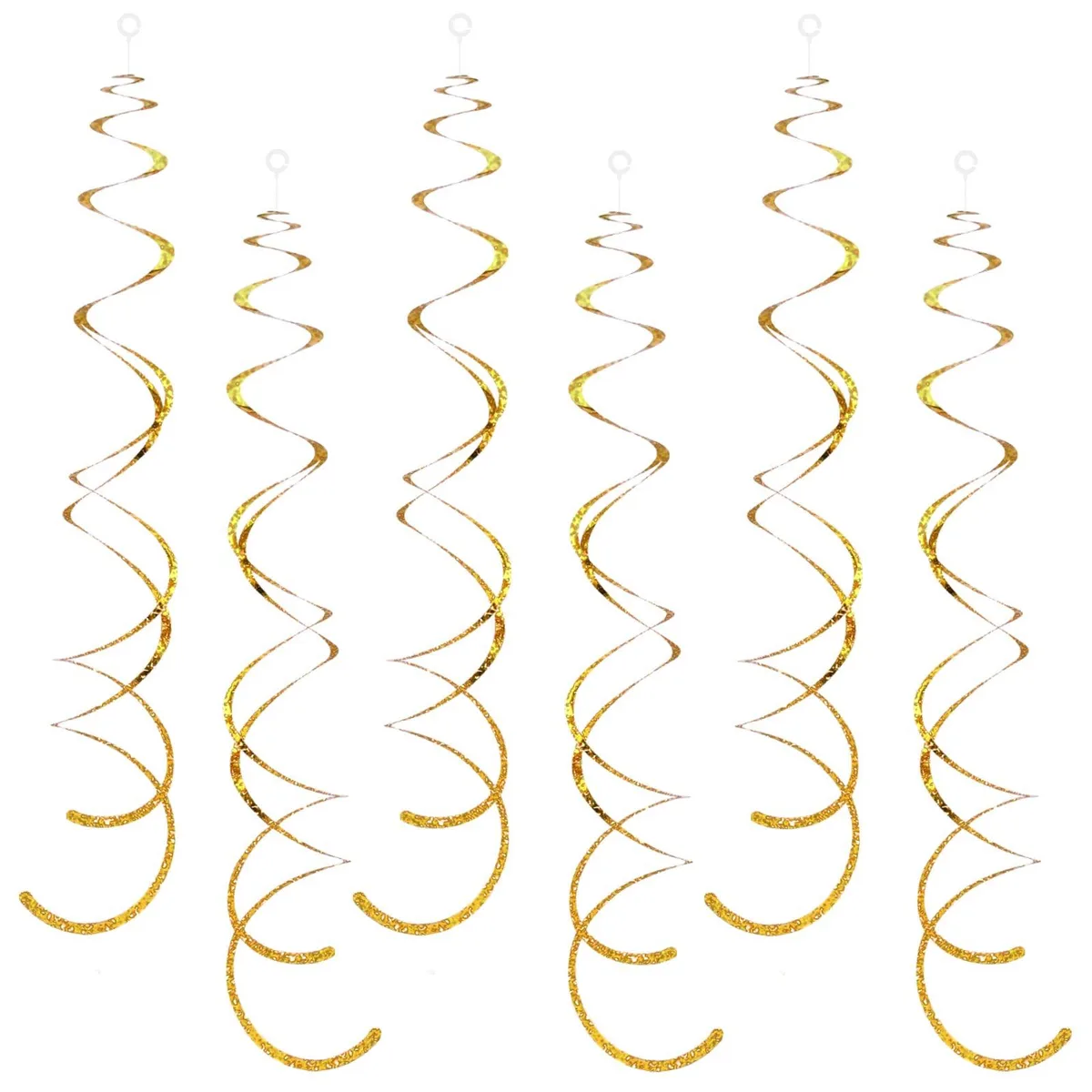 Thirty blue foil spiral streamers with clear hooks, each extending to 27.5 inches
