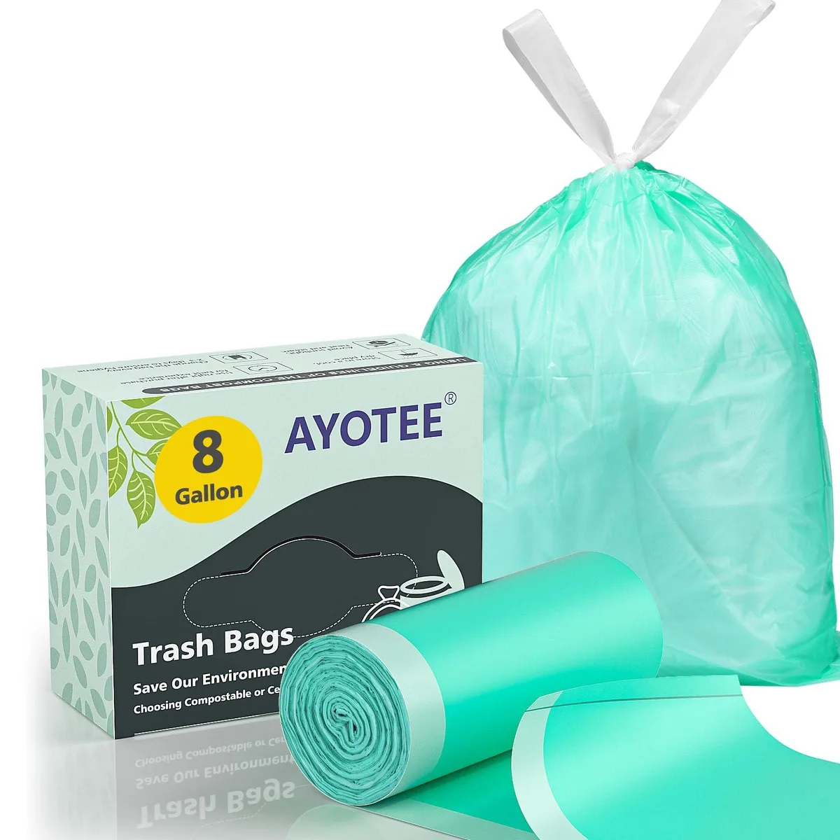 Green plant-based drawstring trash bags in quick-dispense box, 50 count