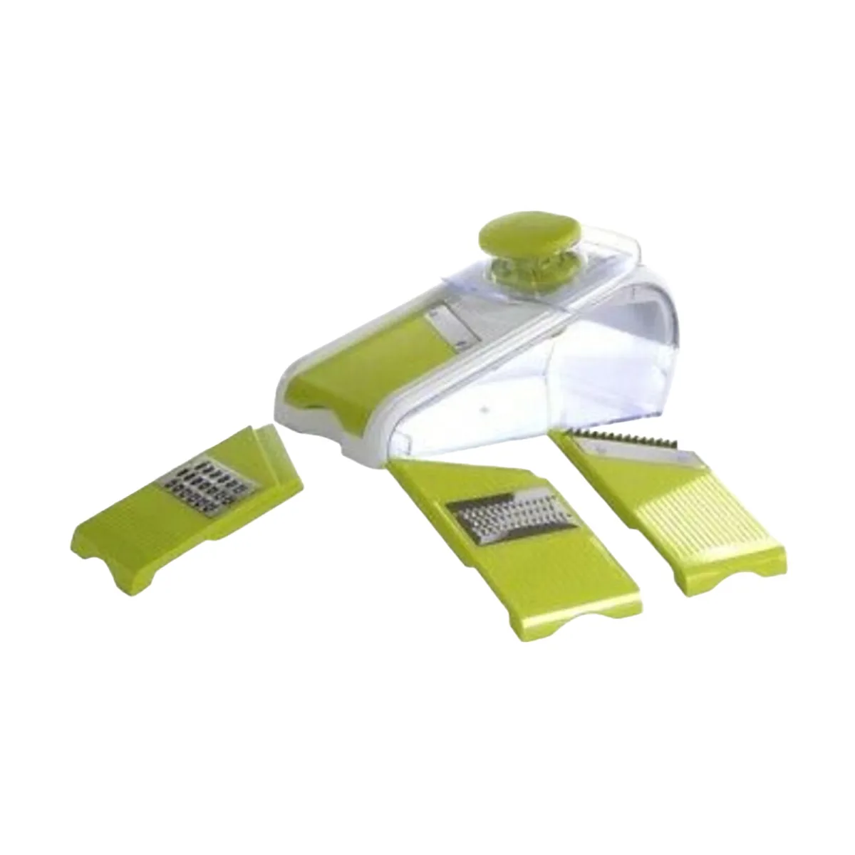 White plastic mandoline slicer with adjustable dial, interchangeable blades and hand guard