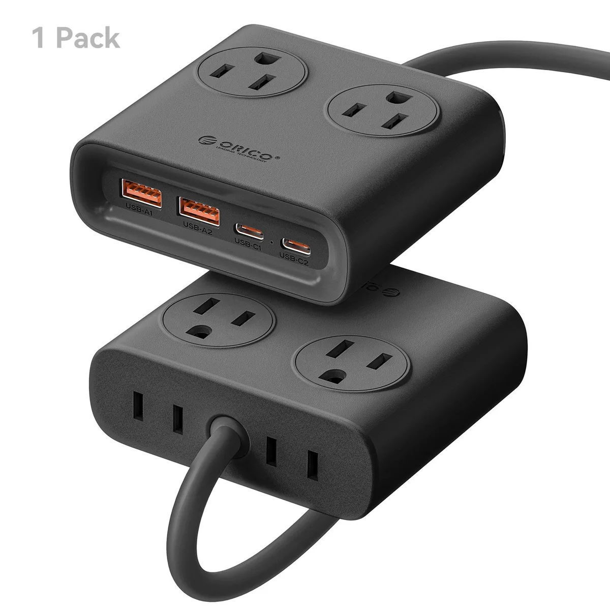 Orico Orico PDC25 25W GaN 8-in-1 power strip 4 AC 2 USB-C 2 USB-A 5ft flat plug black — product photo