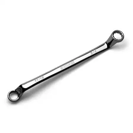 Chrome-finished double box-end wrench with deep 75-degree offset heads