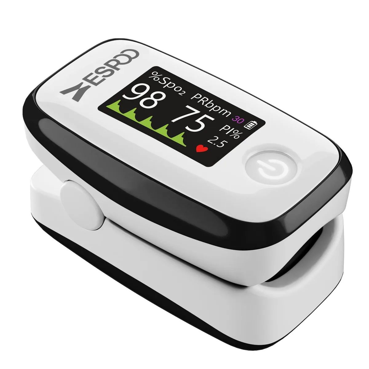 White fingertip pulse oximeter with 1.14 inch TFT screen and lanyard