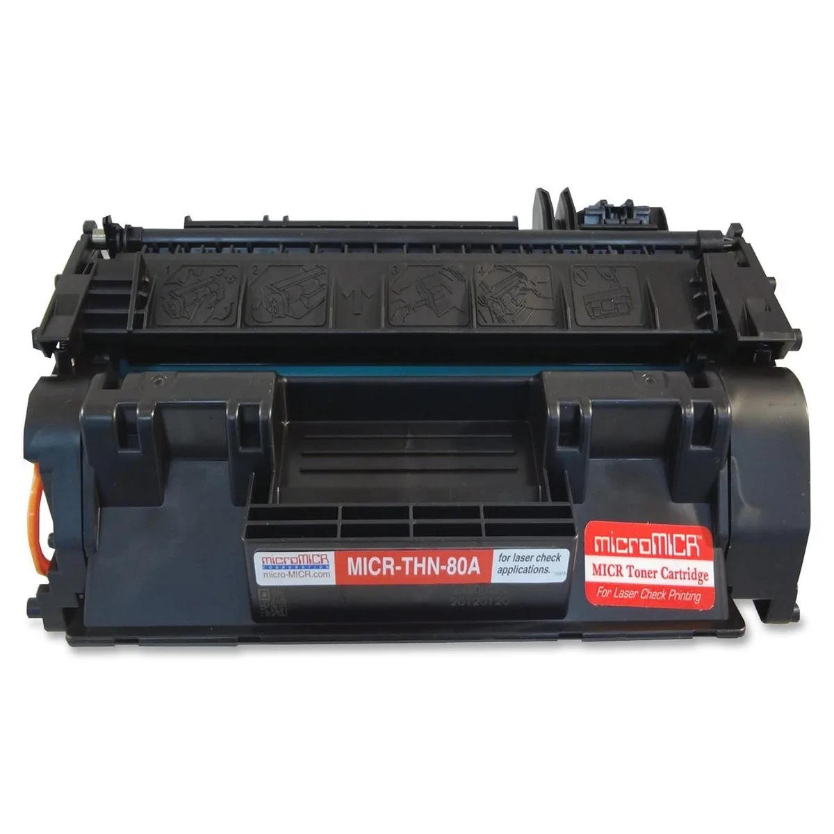 Black MICR toner cartridge in rectangular plastic housing