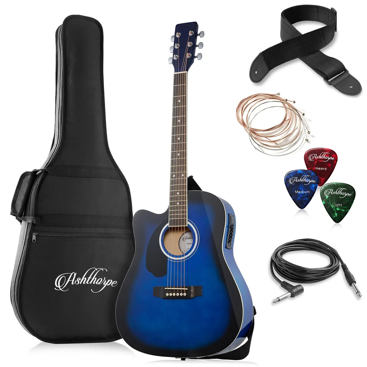 Ashthorpe Ashthorpe Left-Handed Dreadnought Cutaway Acoustic-Electric Guitar Blue 41 — product photo